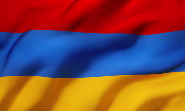 Flag of Armenia blowing in the wind. Full page Armenian flying flag. 3D illustration.