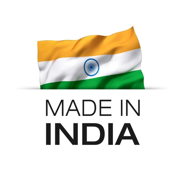 Made India Etichetta Garanzia Con Bandiera Indiana Sventolata — Foto Stock