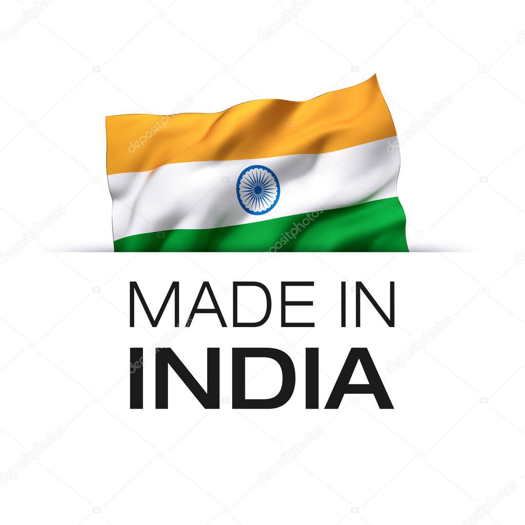 Made in India - Guarantee label with a waving Indian flag.