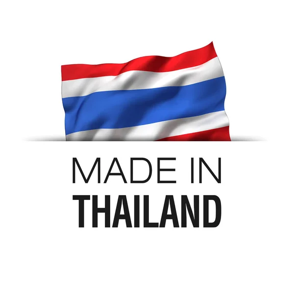 Made Thailand Etichetta Garanzia Con Bandiera Thailandese Sventolata — Foto Stock