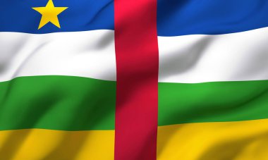 Orta Afrika bayrağı rüzgarda dalgalanıyor. Tam sayfa Orta Afrika bayrağı. 3B illüstrasyon.