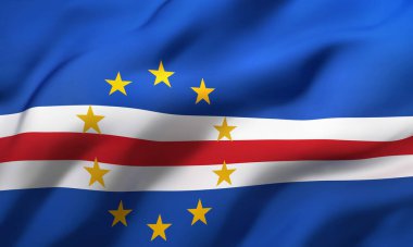 Cape Verde bayrağı rüzgarda dalgalanıyor. Tam sayfa Cape Verdean bayrağı. 3B illüstrasyon.
