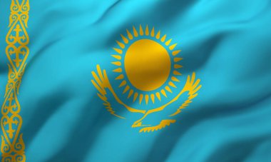 Kazakistan bayrağı rüzgarda dalgalanıyor. Tam sayfa Kazakistan bayrağı. 3B illüstrasyon.