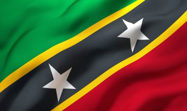 Saint Kitts ve Nevis bayrağı rüzgarda savruluyor. Tam sayfa Saint Kitts bayrağı dalgalandırıyor. 3B illüstrasyon.