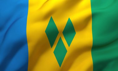 Saint Vincent bayrağı ve rüzgarda dalgalanan Grenadinler. Tam sayfa Saint Vincent bayrağı. 3B illüstrasyon.
