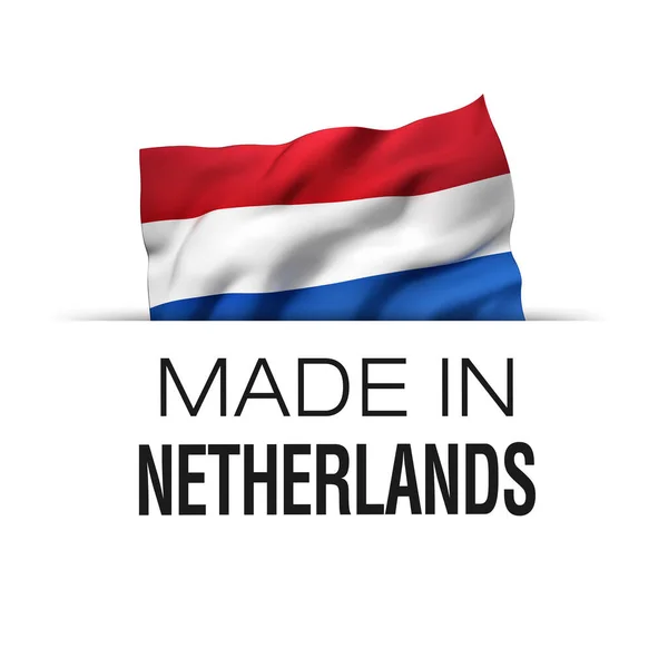 Made Netherlands Etiqueta Garantía Con Bandera Holandesa Ondeante — Foto de Stock