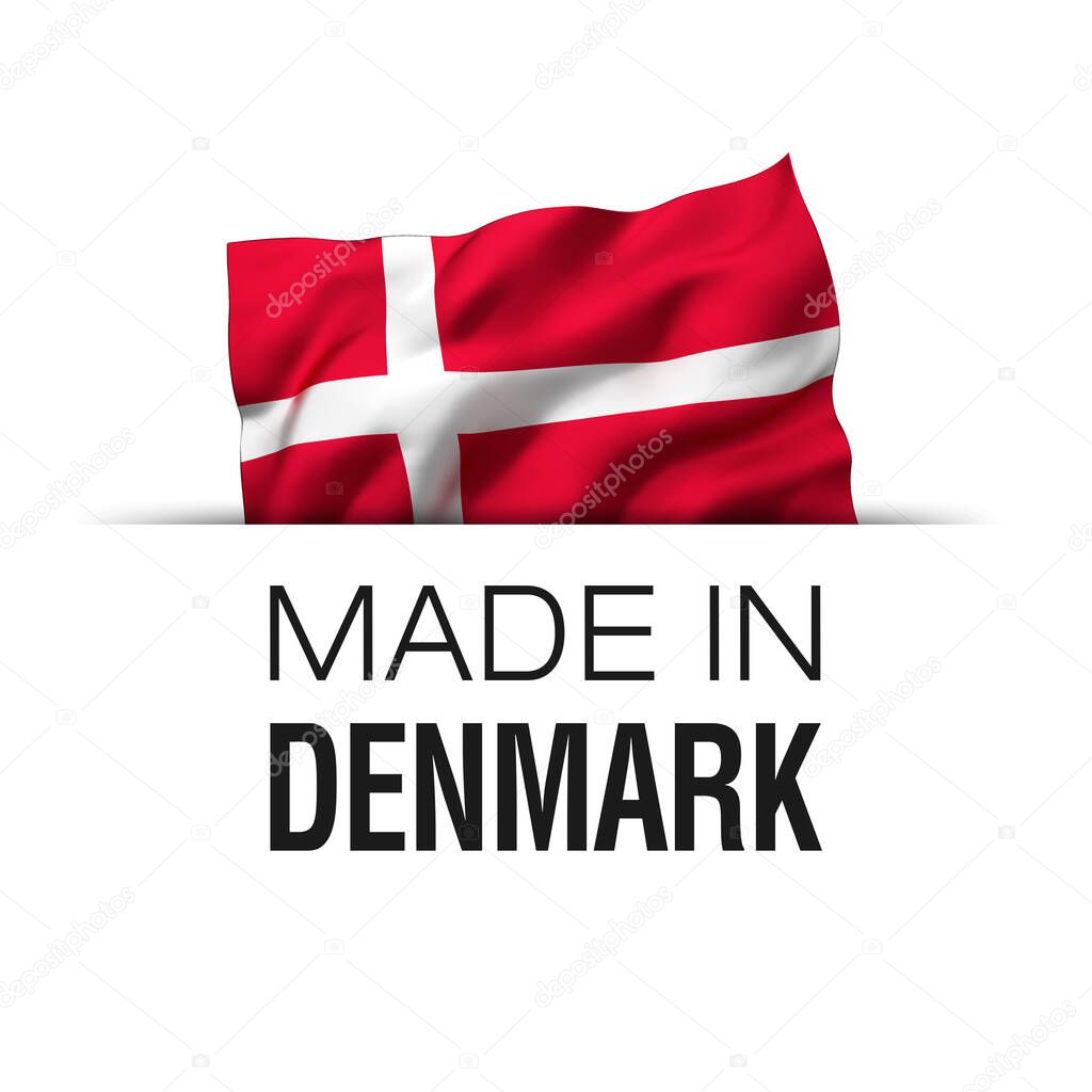 Made in Denmark - Guarantee label with a waving Danish flag.