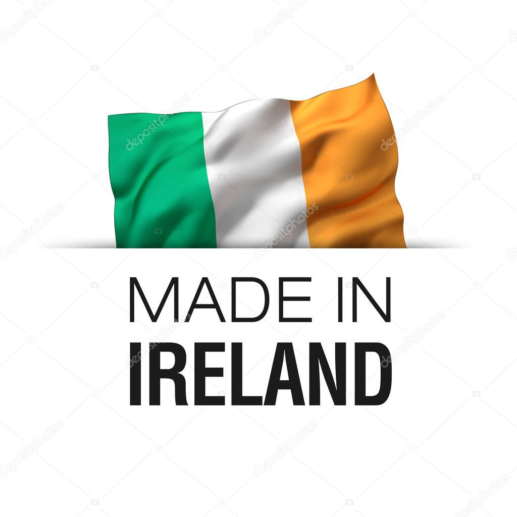 Made in Ireland - Guarantee label with a waving Irish flag. 3D illustration.