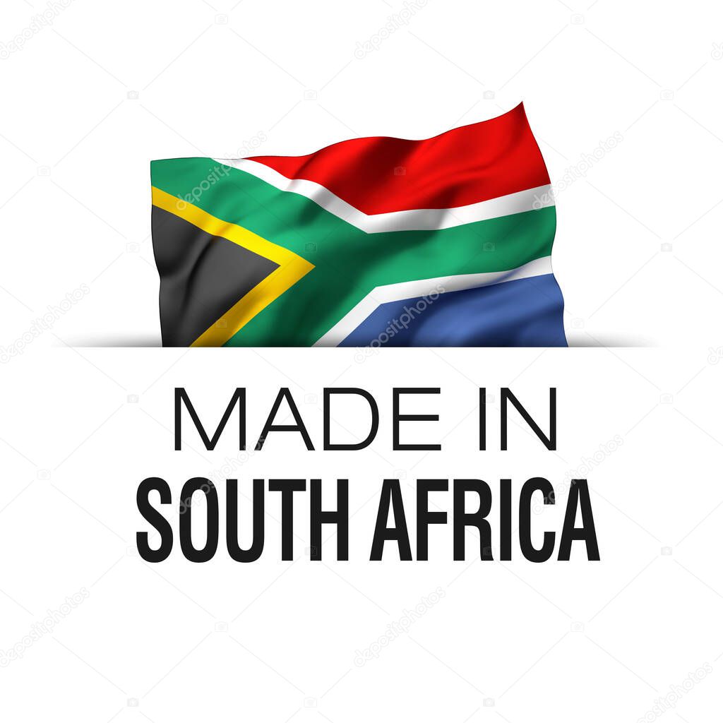 Made in South Africa - Guarantee label with a waving South African flag. 3D illustration.