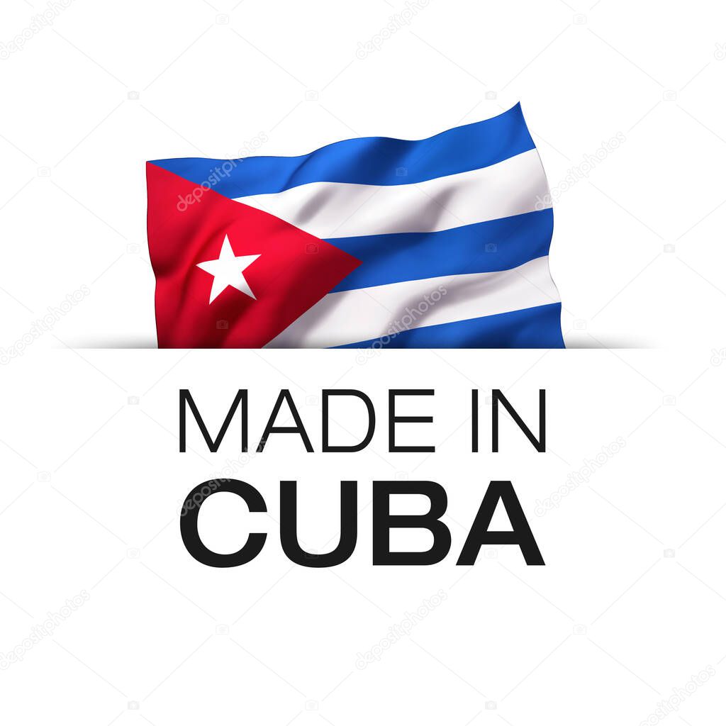 Made in Cuba - Guarantee label with a waving Cuban flag. 3D illustration.