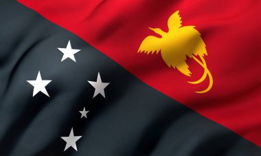 Papua Yeni Gine bayrağı rüzgarda dalgalanıyor. Tam sayfa Papuan bayrağı. 3B illüstrasyon.