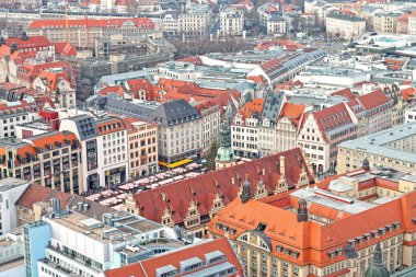 Aerial view of the center city of Leipzig with Market Place, Old City Hall and traditional christmas market. 23 December 2019 year.