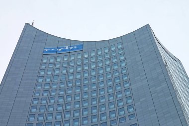  Leipzig, Almanya, Avrupa 'daki şehir-Hochhaus binası 36 katlı bir gökdelen. Aralık 2019