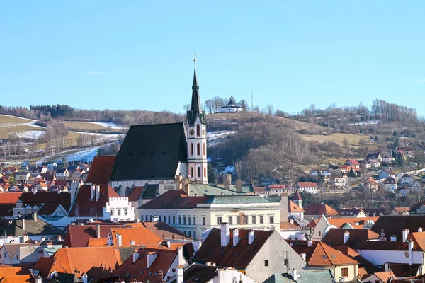 Pohled Hlavní Hradní Věže Katedrálu Víta Českého Krumlova Slavná Turistická — Stock fotografie