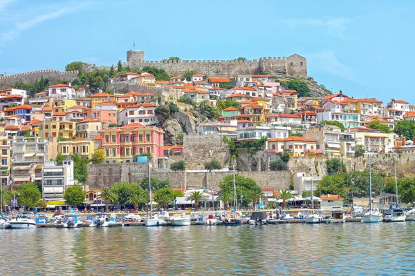 Kilátás Kavala Város Jachtok Kikötőben Középkori Erőd Dombon Kelet Macedónia — Stock Fotó