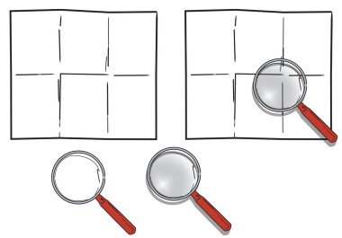 Magnifying glasses and blank folded papers clipart