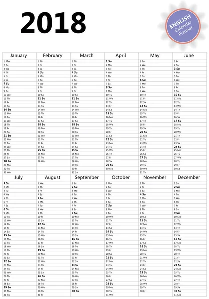 Calendario dei pianificatori 2018 — Vettoriale Stock