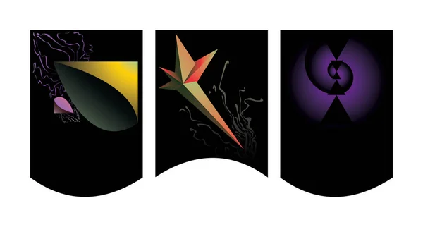Abstract Triptych Compositions Dark Wavy Frames Spaceship Shapes Star Spiral — Stock Vector