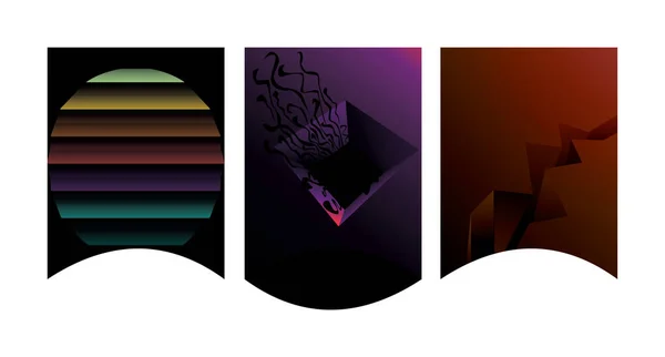 Abstrakte Triptychon Kompositionen Dunkeln Mit Gewellten Rahmen Regenbogenstreifen Neonviolettes Loch — Stockvektor