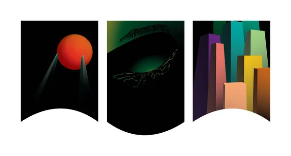 Compositions Abstraites Triptyque Dans Obscurité Avec Des Cadres Ondulés Sphère — Image vectorielle