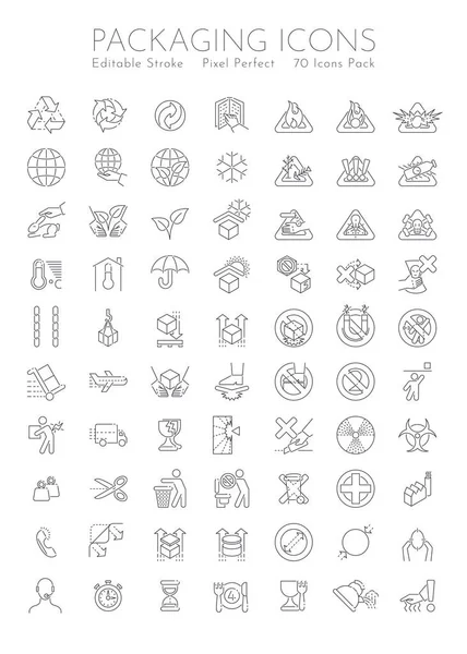 Packaging symbols set. 70 pieces with editable stroke and pixel perfect art.