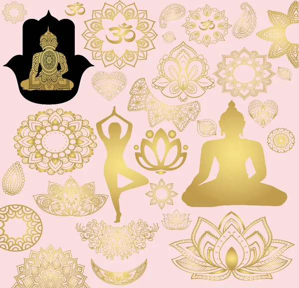 Золотые наклейки буддизм. Мантра, медитация и отдых — стоковый вектор