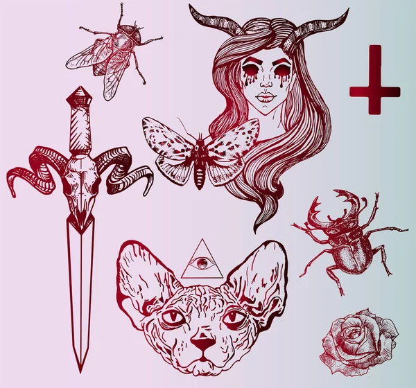 Halloween party, scary tattoo sketches Stock Illustration