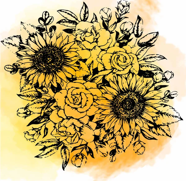 Ramo de flores - girasol y rosa — Archivo Imágenes Vectoriales