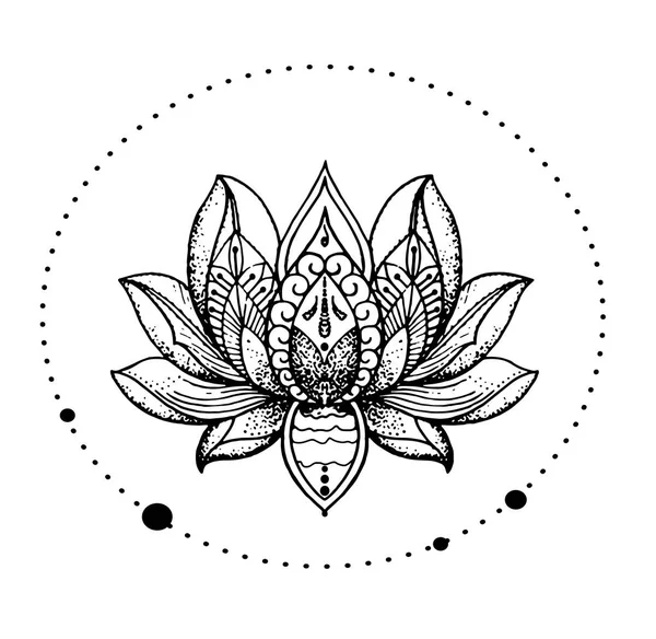 Hermosa flor de loto detallada oriental - idea elegante de tatuaje . — Vector de stock