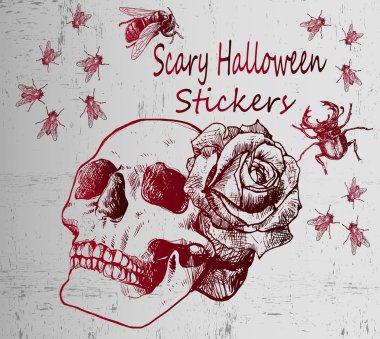 A sketch of a tattoo is a skull and a rose. Halloween clipart