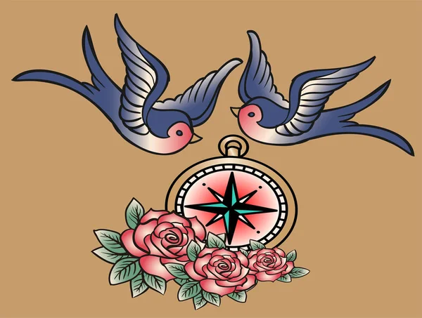 Starej szkoły szkic - jaskółki, kompas i róże — Wektor stockowy