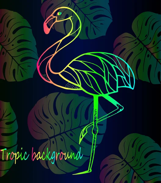 Güzel parlak degrade flamingolar ve tropikal yaprak — Stok Vektör