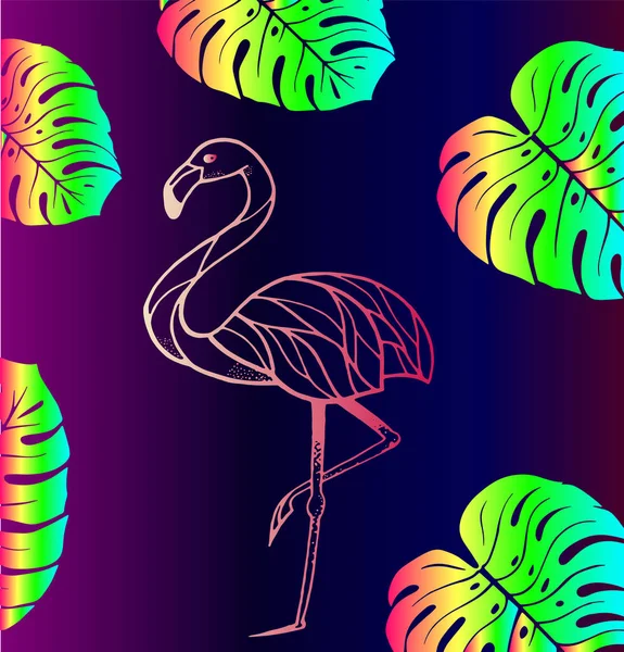 Flamencos rosas y hojas tropicales — Vector de stock