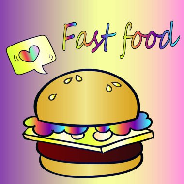 Fast food bir burger var. Parlak neon etiket