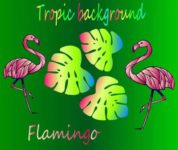 Flamingo ve tropikal yaprak - neon kroki — Stok Vektör