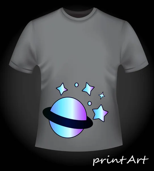 Parlak neon ile gri T-shirt baskı - gezegen ve yıldız, çizgi film fikir — Stok Vektör