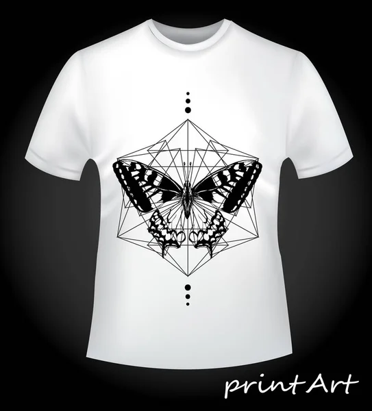 Print on a T-shirt - butterfly and geometry — Stock Vector