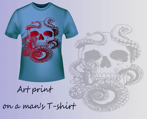 Mavi T-shirt baskı kafatası ve tentacles ile