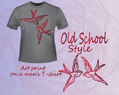 Gri T-shirt ile bir illüstrasyon - kırmızı eski okul kırlangıç