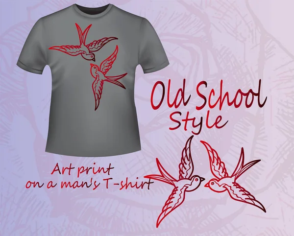 Gri T-shirt ile bir illüstrasyon - kırmızı eski okul kırlangıç