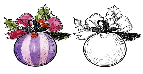 Detaillierte Weihnachtskugel, Aquarell — Stockvektor