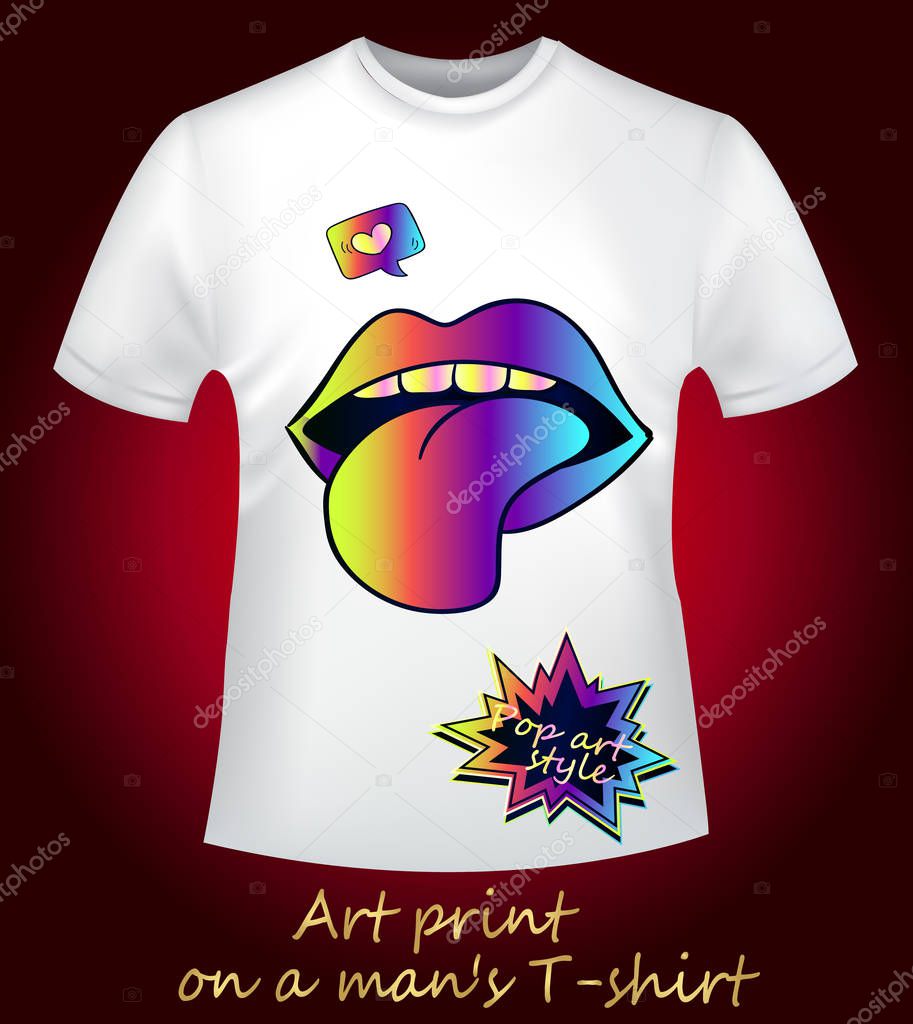 A bright and stylish collection of T-shirts with print. Neon sketch of sexy lips, trend of the season. A steep rainbow is the idea of a sketch. Stylish and youth clothes