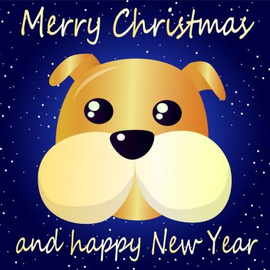 Mutlu yeni yıl - köpek yıl Doğu takvime. Güzel, parlak renkli tebrik posteri. Bir köpek, bir karlı arka plan deseni üzerinde büyük bir Papa namlu