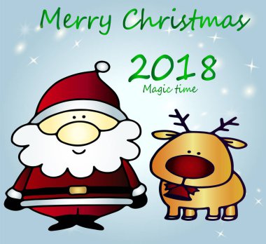Noel geyiği ve Santa Claus - bir Noel kartı için bir güzel şirin fikir. zaman magic - mutlu Noeller - karikatür vektör mavi degrade arka plan üzerinde.