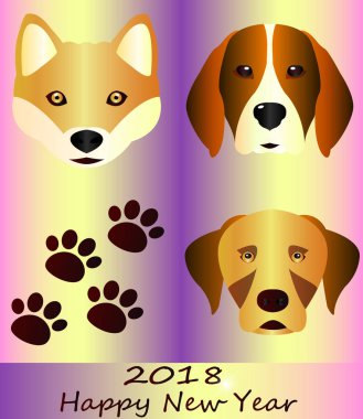  Festival kartpostal - mutlu yeni yıl ve mutlu Noeller. köpek yılı. Sevimli çizgi köpekler, köpek pençe izleri topluluğu