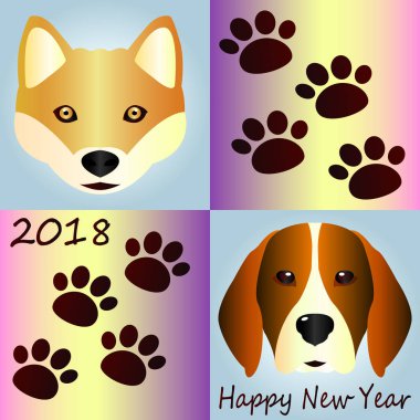 Güzel bir poster ile sevimli köpekler - bir kızıl saçlı şırfıntı kehribar gözlü ve bir av köpeği beagle. Güzel işaretleri köpeklerin bacakları üzerinden. Köpekler 2018 sembolüsün. Yeni Yılınız Kutlu Olsun