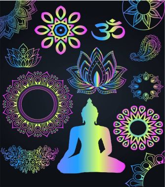 Parlak neon çıkartmaları Budizm, Buda, meditasyon ve gevşeme degrade arka plan üzerinde