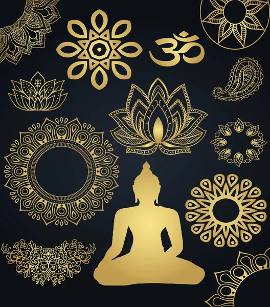 Коллекция Золотых Икон Буддизм Будда Роскошная Детальная Мандала Градиентном Фоне — стоковый вектор