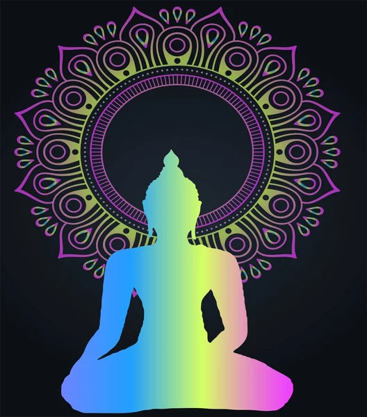 ネオン ブッダのシルエットと曼荼羅 宗教と瞑想 — ストックベクタ