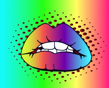 Parlak seksi dudaklar - neon kroki yakın çekim. Pop sanat tarzı